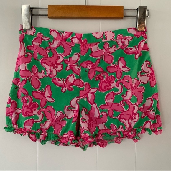 LILLY Pulitzer Flowers & Butterflies Shorts Ruffle Pink Label Pink Green Floral - Picture 1 of 10